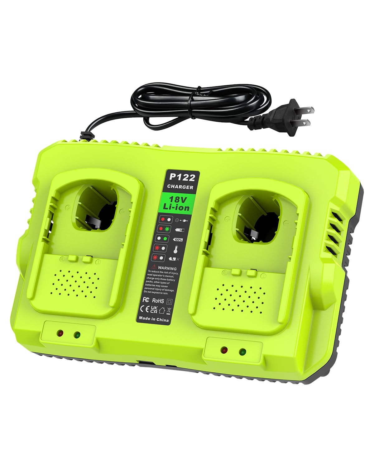 Abeden Ryobi P117 dual-port charger front view with two bays for simultaneous charging.