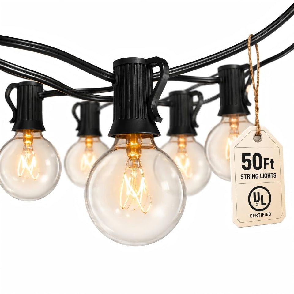 Abeja 50ft G40 globe lights illuminate outdoor patio with warm white ambiance