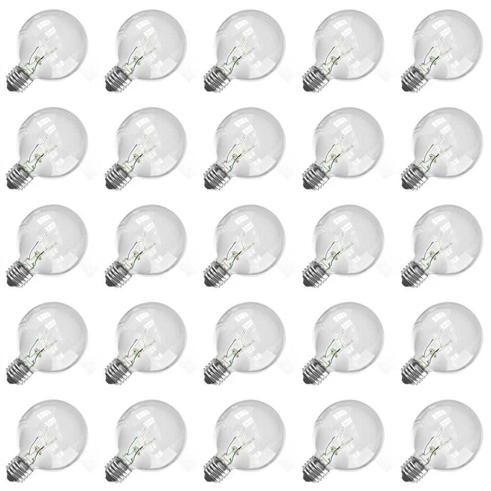 Abeja G40 bulb close-up, 1.5-inch clear globe, ideal for indoor-outdoor ambient lighting.