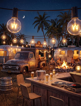 Abeja patio garden ambience with warm globe lighting for evenings