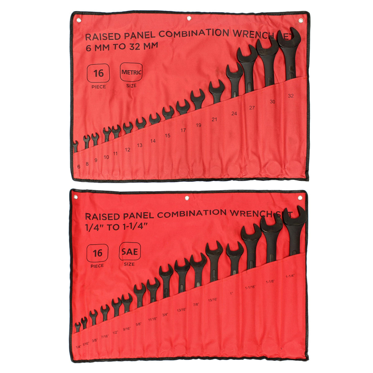 ABN combination wrenches with roll pouch showing open and box ends for versatile use