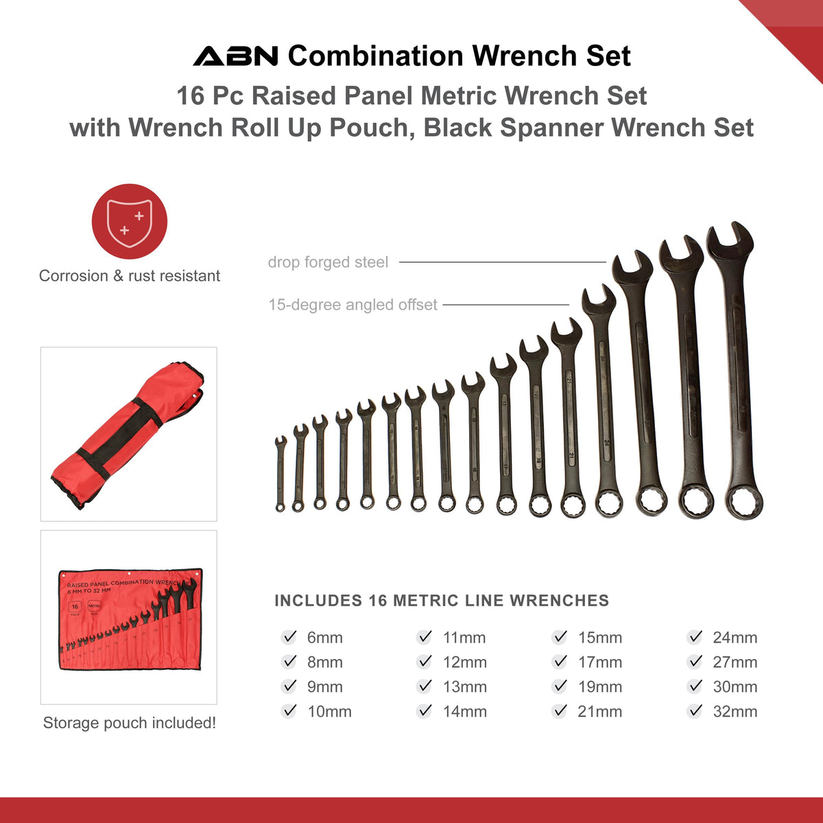 ABN metric wrenches labeled 6–32 mm with clear etched markings