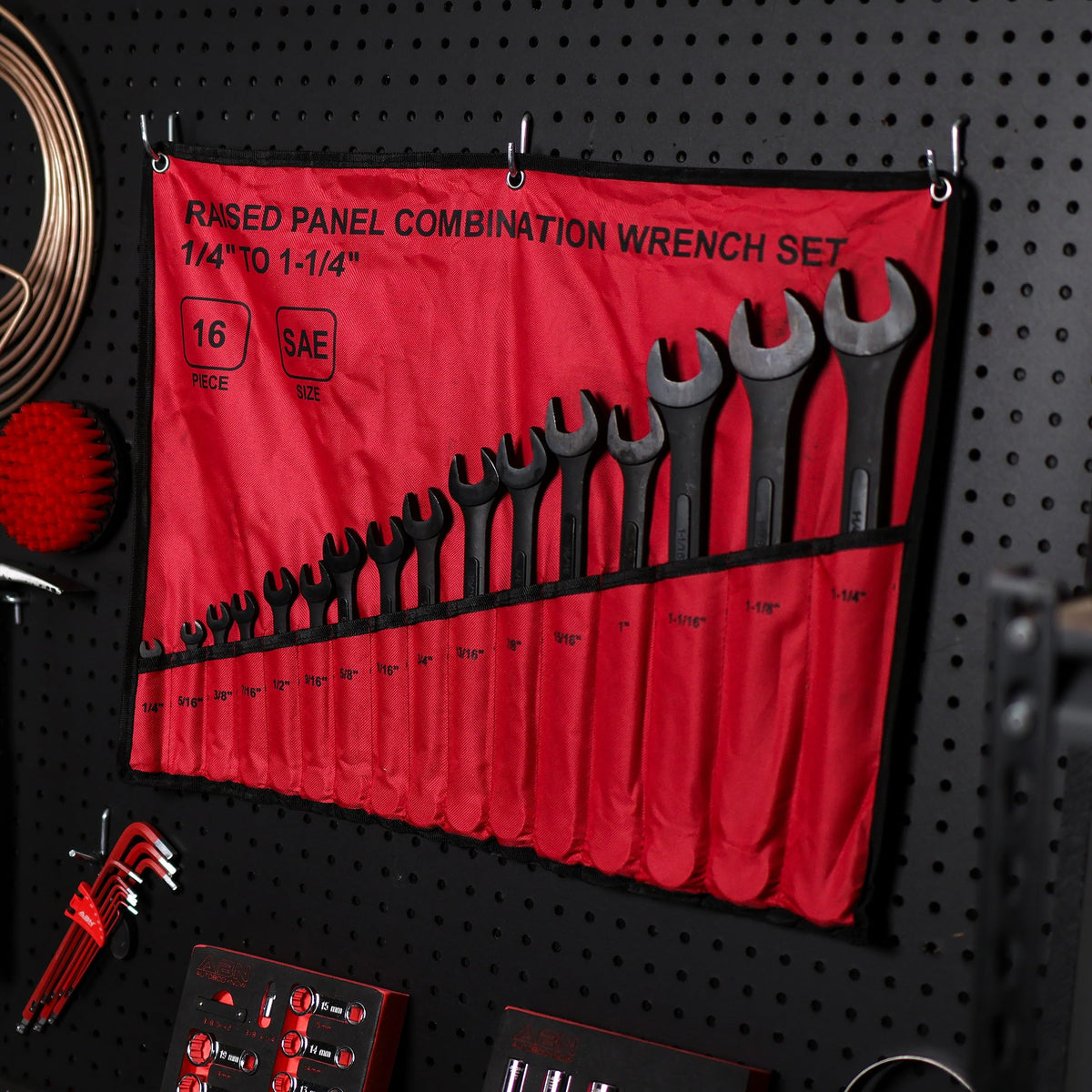 ABN roll-up pouch keeps wrenches organized and portable.