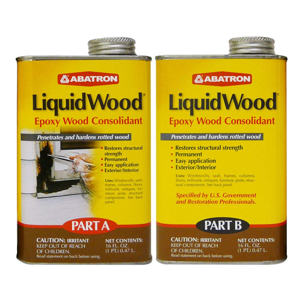 Abatron LiquidWood kit bottle close-up for targeted wood repair and consolidation.