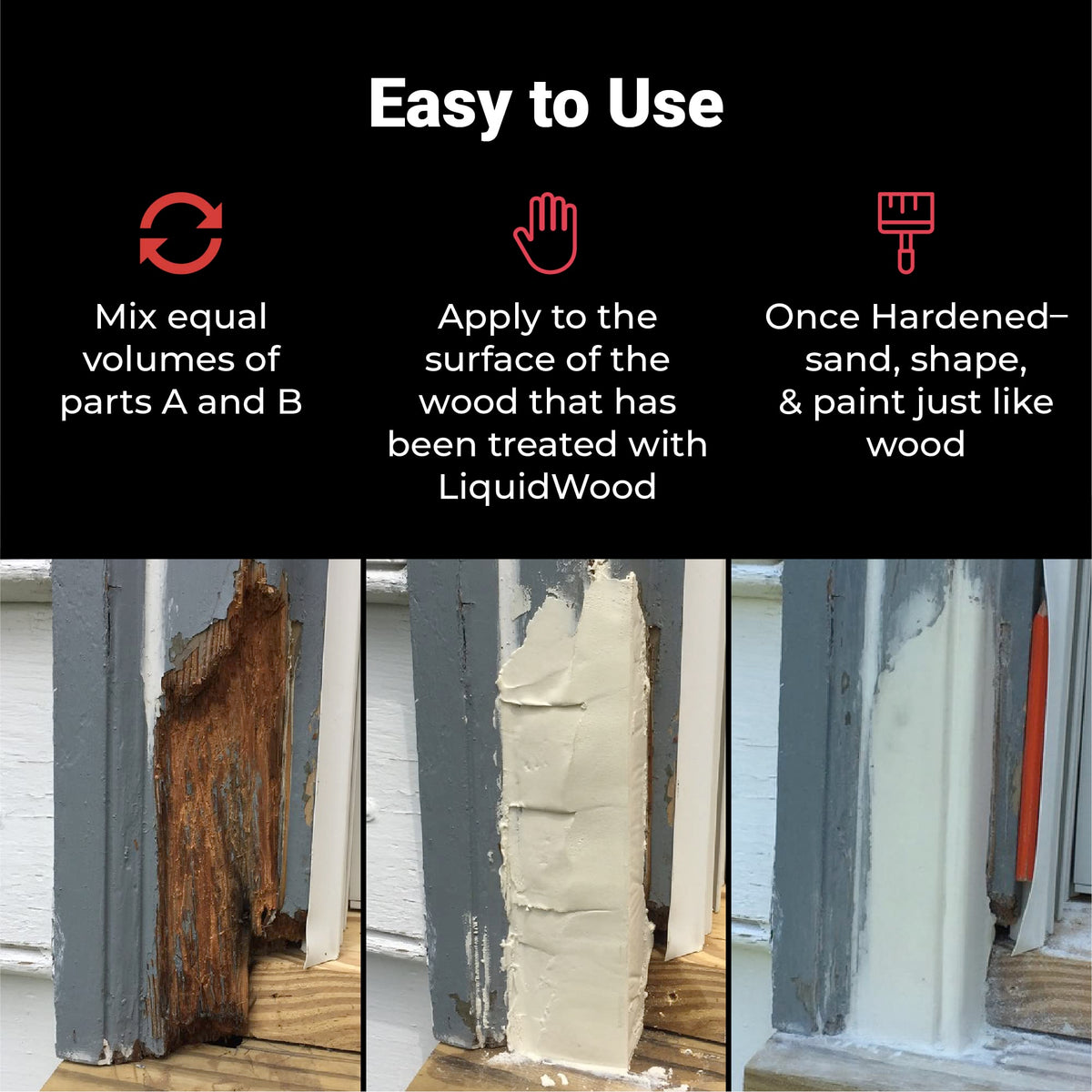 Abatron WoodEpox Kit 2Qt detail fill rebuilds missing sections to restore sills and frames.