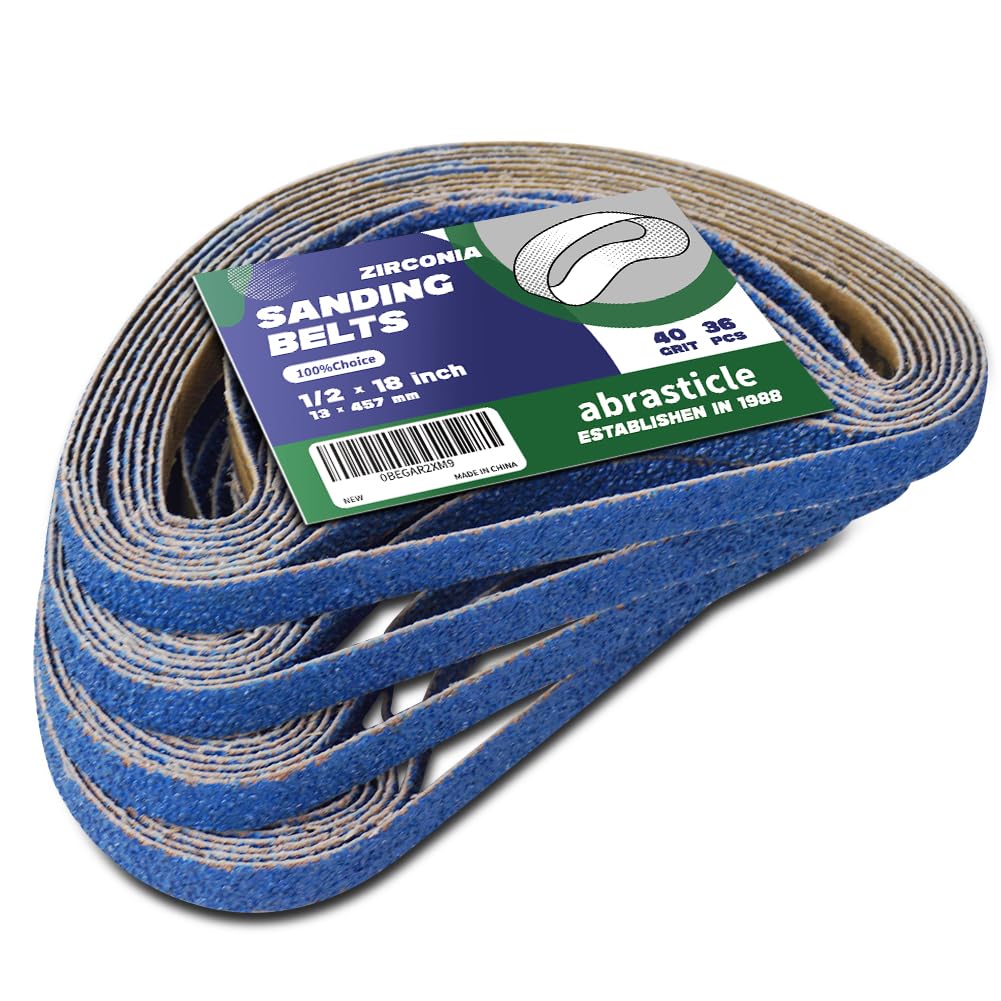 Abrasticle half-inch by 18-inch zirconia belt with blue grain for efficient metal sanding.