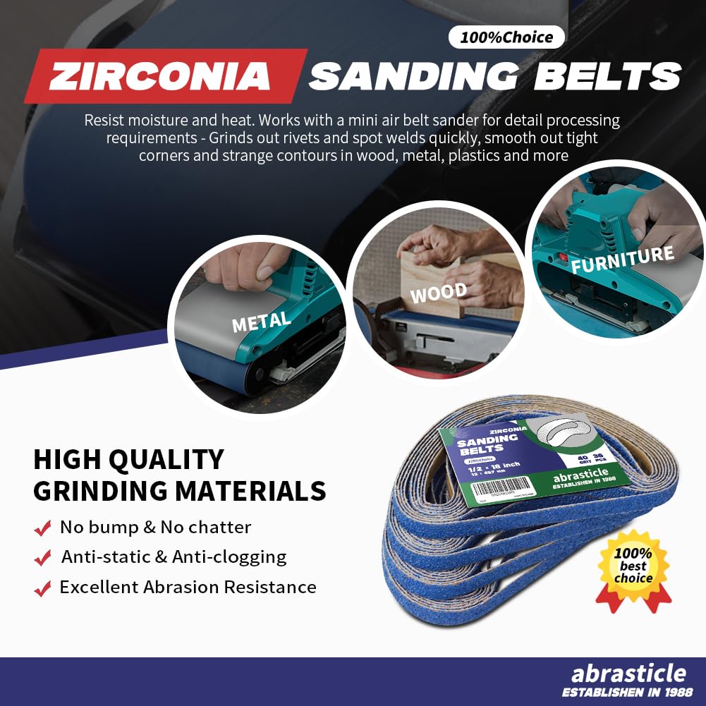 Abrasticle zirconia belt suitable for metal and wood projects with refined finishes.