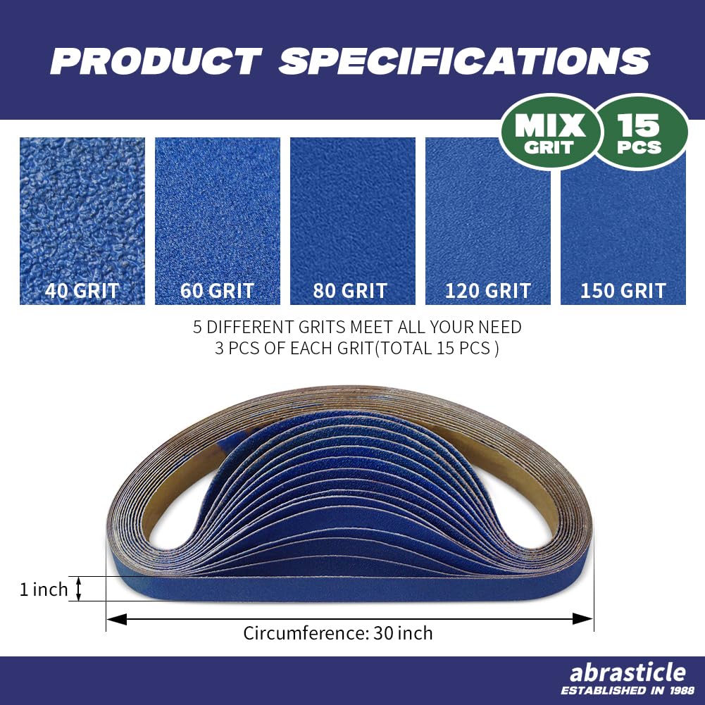 Abrasticle zirconia metal grinding sand paper 1x30 for efficient metal sanding and lasting durability.