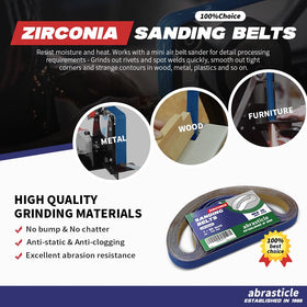 Abrasticle zirconia belt for metal and wood sanding delivers fast material removal and a clean finish.