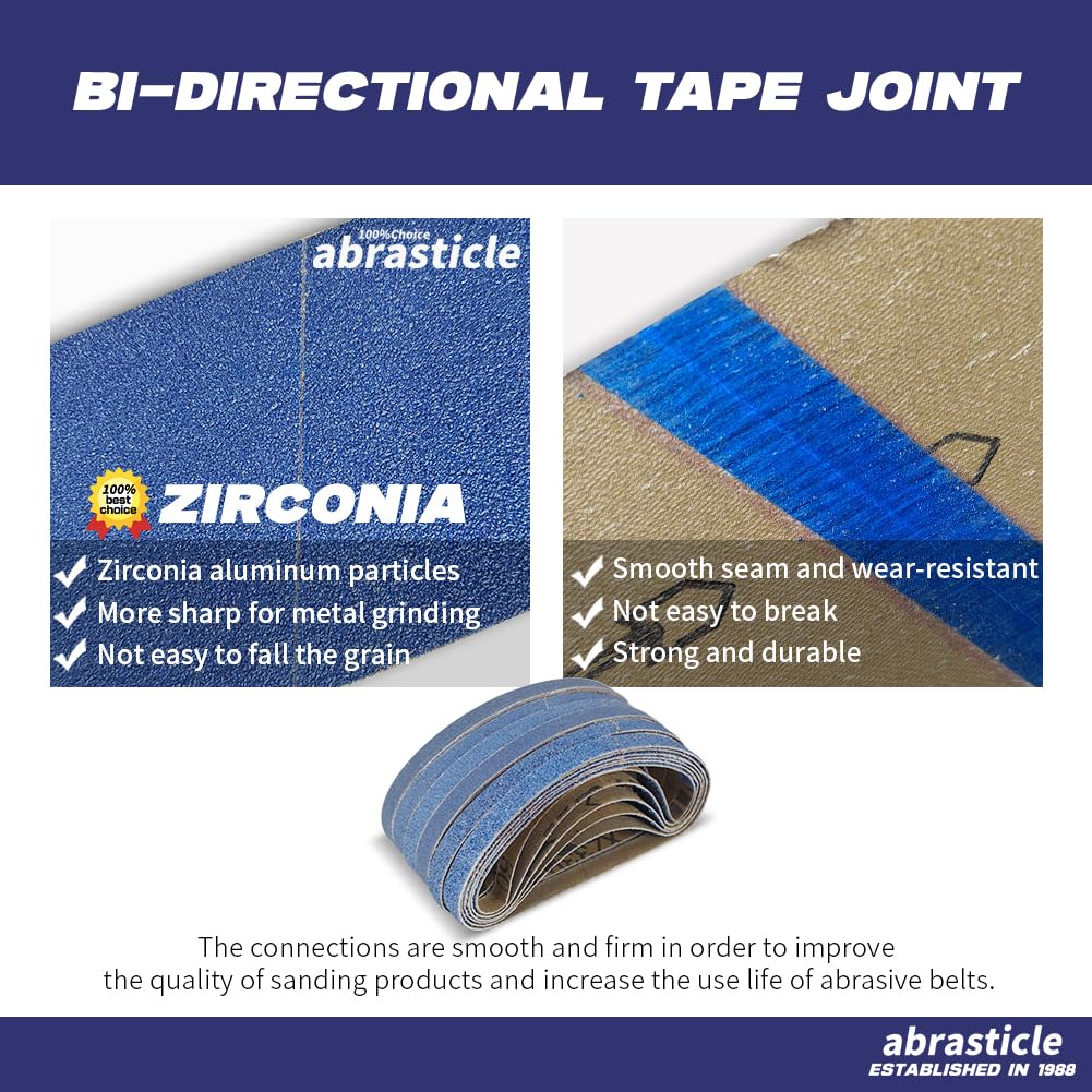 Abrasticle zirconia sanding belt 100-grit blue grain balances material removal with a refined surface.