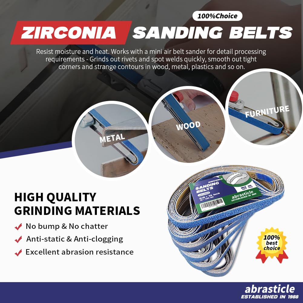 Abrasticle zirconia sanding belt 120-grit blue grain ideal for fine finishing on wood and metal.