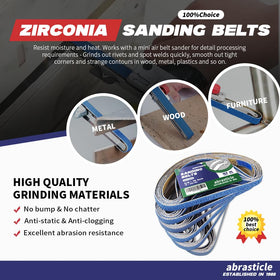 Abrasticle zirconia sanding belt 120-grit blue grain ideal for fine finishing on wood and metal.