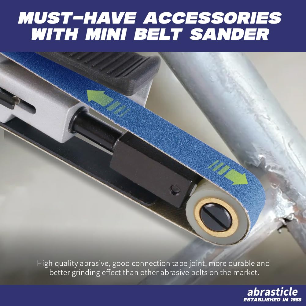 Abrasticle zirconia sanding belt 180-grit blue grain helps remove burrs and smooth edges.