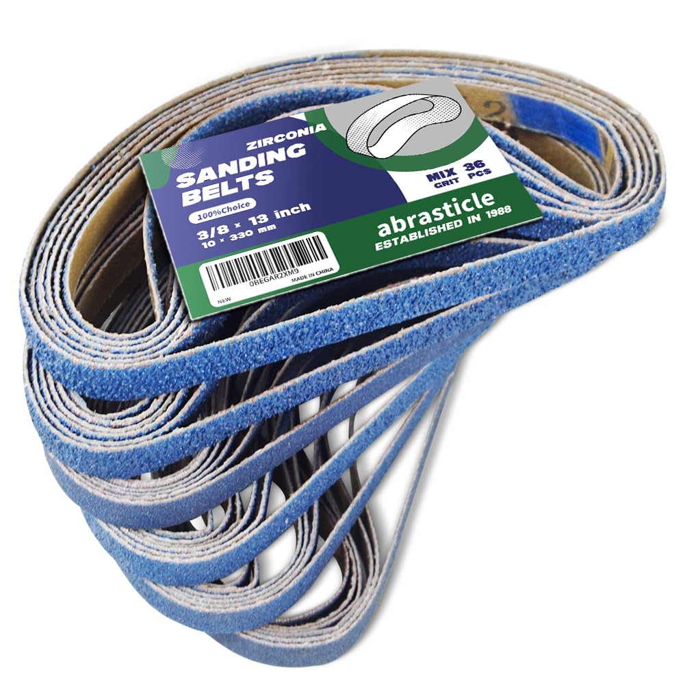 Abrasticle zirconia sanding belt 60-grit blue grain for fast smoothing on metal and wood.