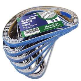 Abrasticle zirconia sanding belt 60-grit blue grain for fast smoothing on metal and wood.