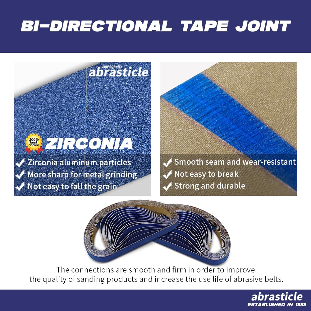 Abrasticle zirconia belt with smooth running joint enabling uninterrupted sanding on metal and wood.