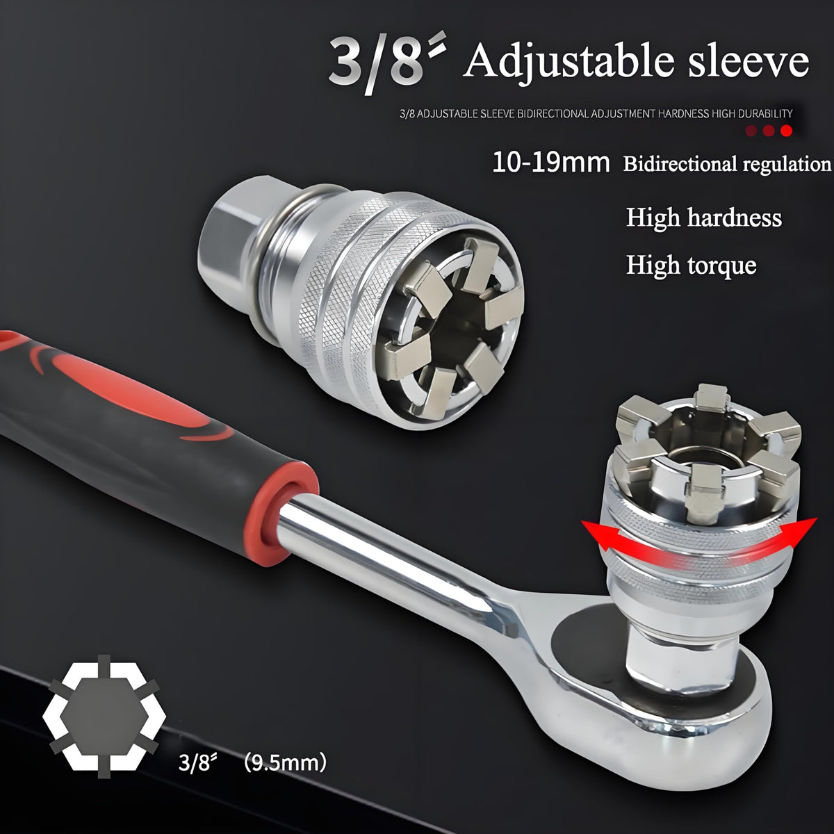 Abruga universal socket wrench shows 10-19 mm range.