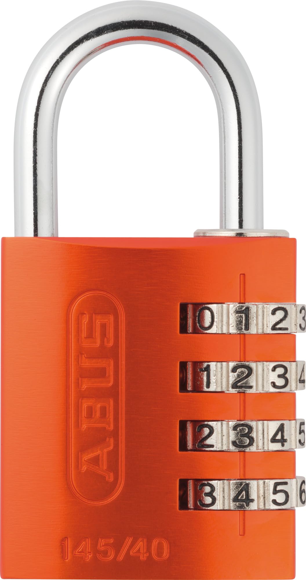 ABUS 145/40 orange padlock for luggage with resettable code.