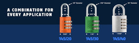 ABUS 145/40 padlock showing dimensions and robust build for durable hard cases.