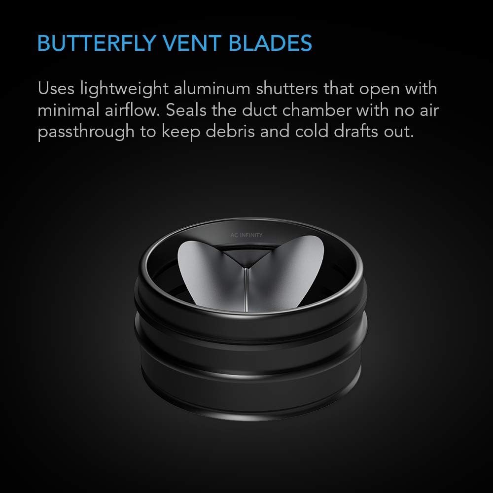 AC Infinity 6-In damper body supports horizontal or vertical mounting.