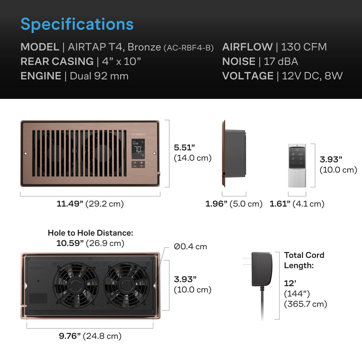 AC Infinity AIRTAP T4 Bronze internal dual 92 mm motors for efficiency
