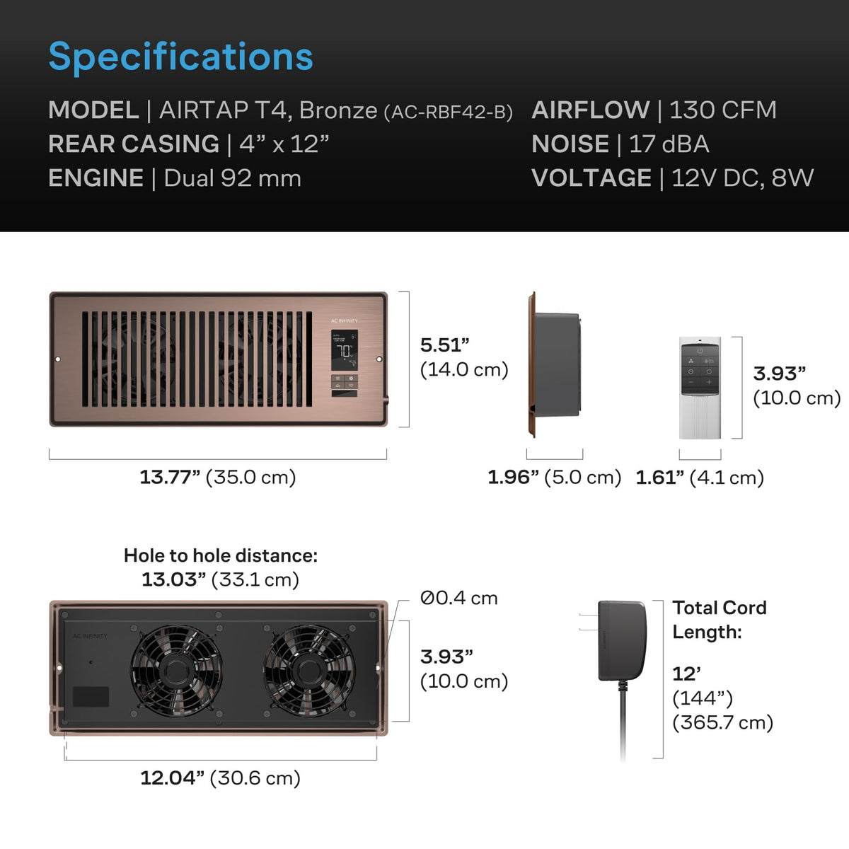 AC Infinity Airtap T4 Bronze label highlights 130 CFM capability.
