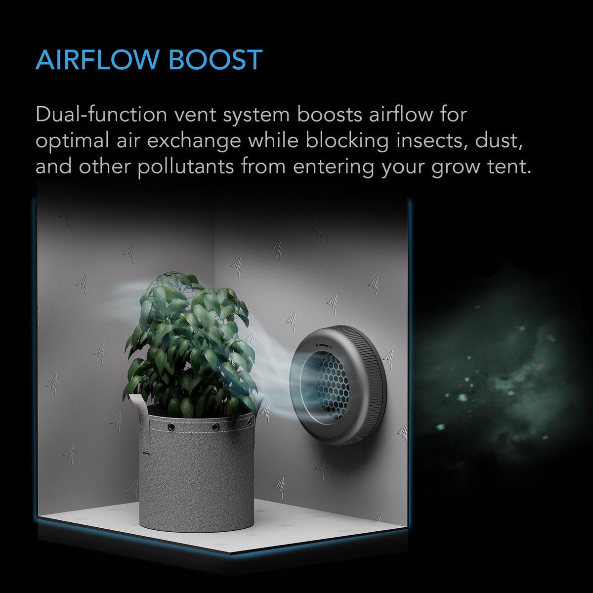 Filter close-up shows insect and dust filtration without restricting airflow.