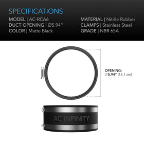 AC Infinity worm-drive clamps tightening the rubber coupling for a secure seal.