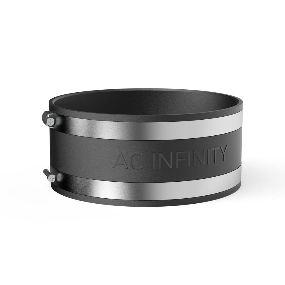 AC Infinity 6-inch noise reduction clamp securing a duct-to-duct connection for quieter operation.