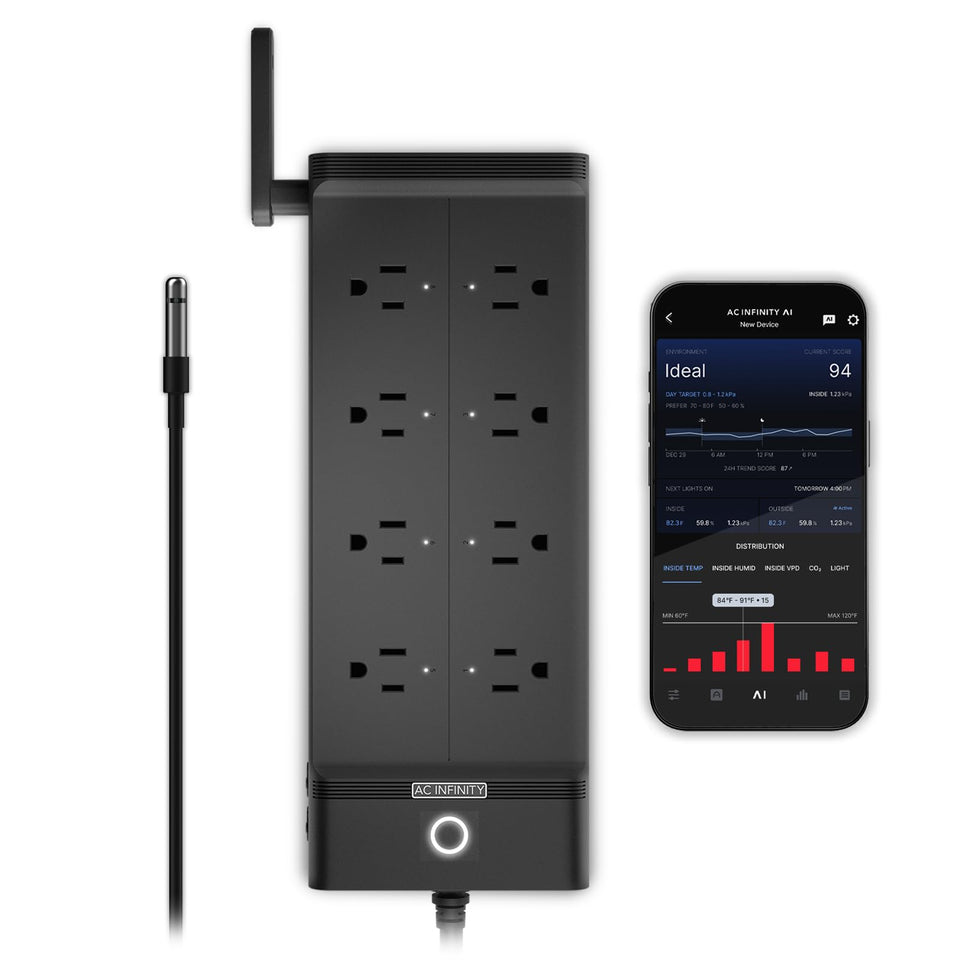 AC Infinity Outlet AI+ front view, compact design for versatile environments.