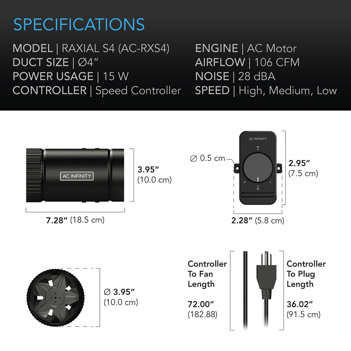 AC Infinity RAXIAL S4 4-inch duct connection fits standard HVAC setups.