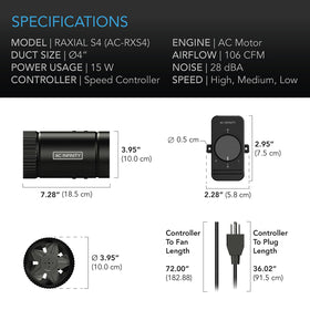 AC Infinity RAXIAL S4 4-inch duct connection fits standard HVAC setups.