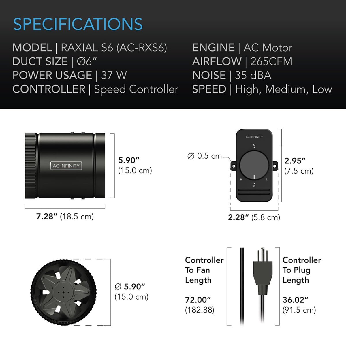 AC Infinity RAXIAL S6 motor details reveal brushless design and low vibration.