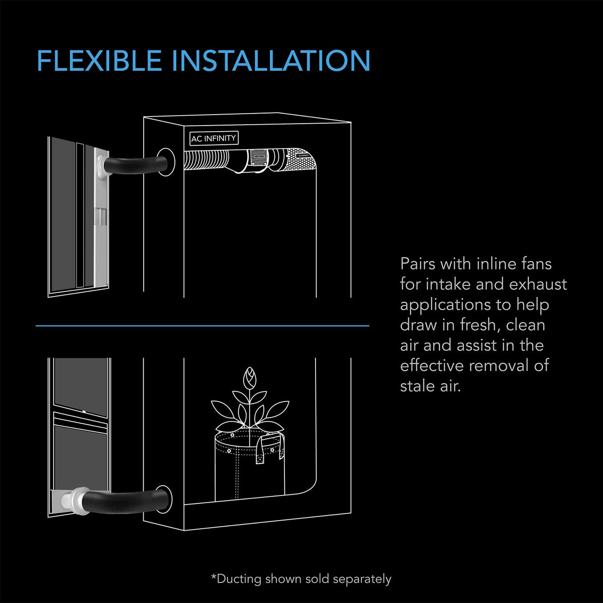AC Infinity 6 inch duct connection supports higher airflow in larger setups.