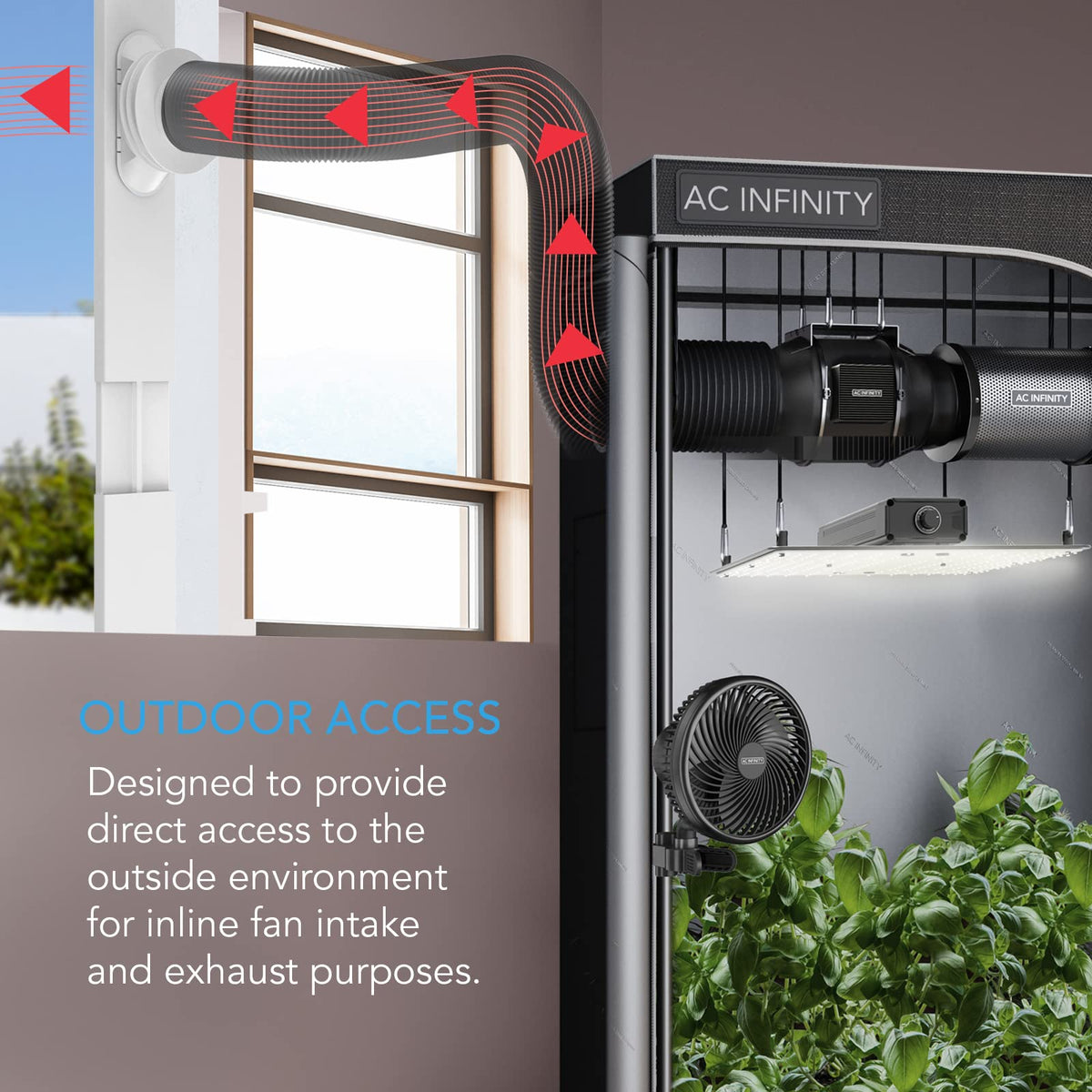 AC Infinity durable window vent frame protects interior from debris and harsh weather.
