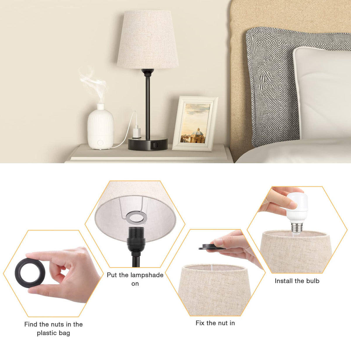Acaxin bedside lamp includes free LED bulbs for immediate use.