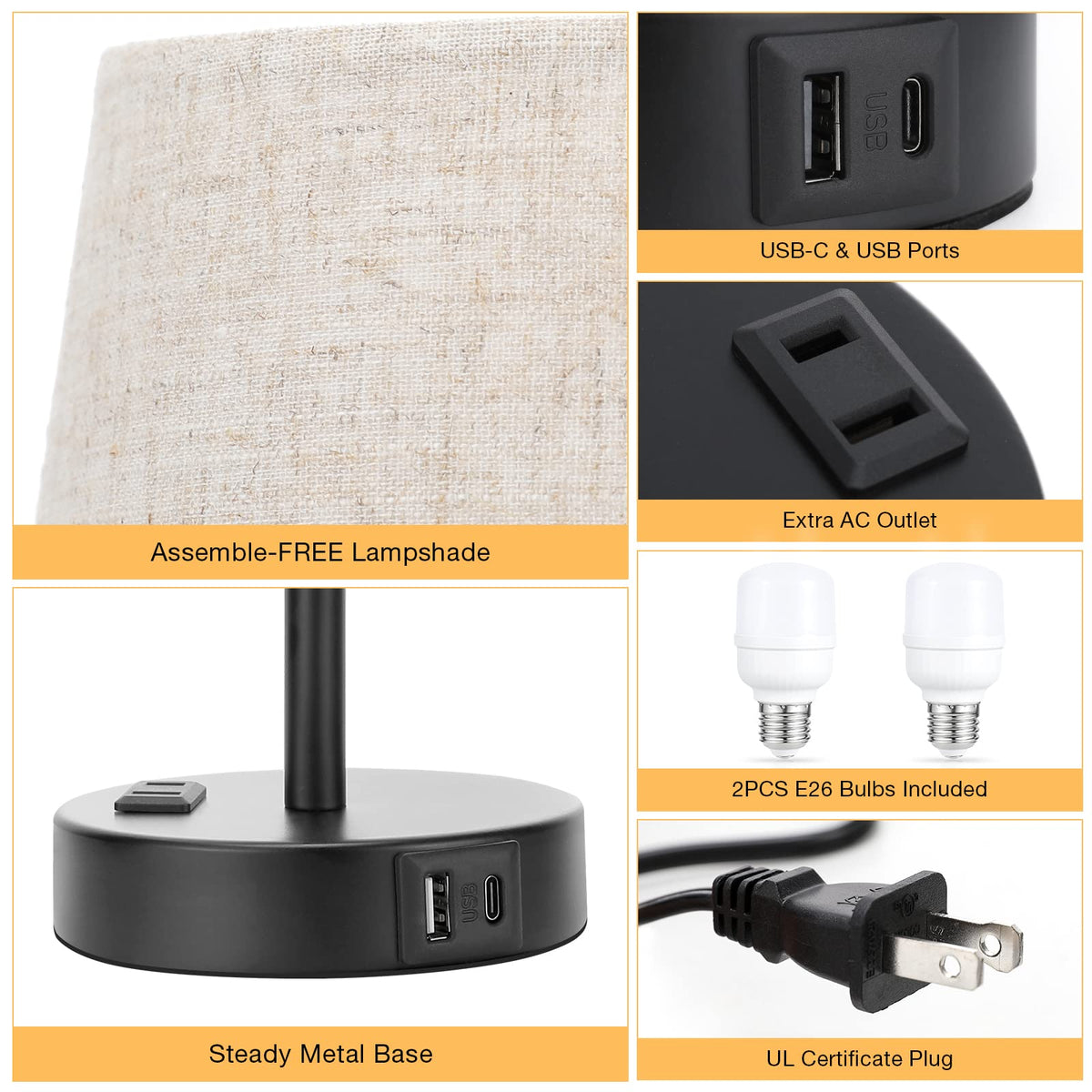 Acaxin bedside lamps with UL-certified parts for safe home use.
