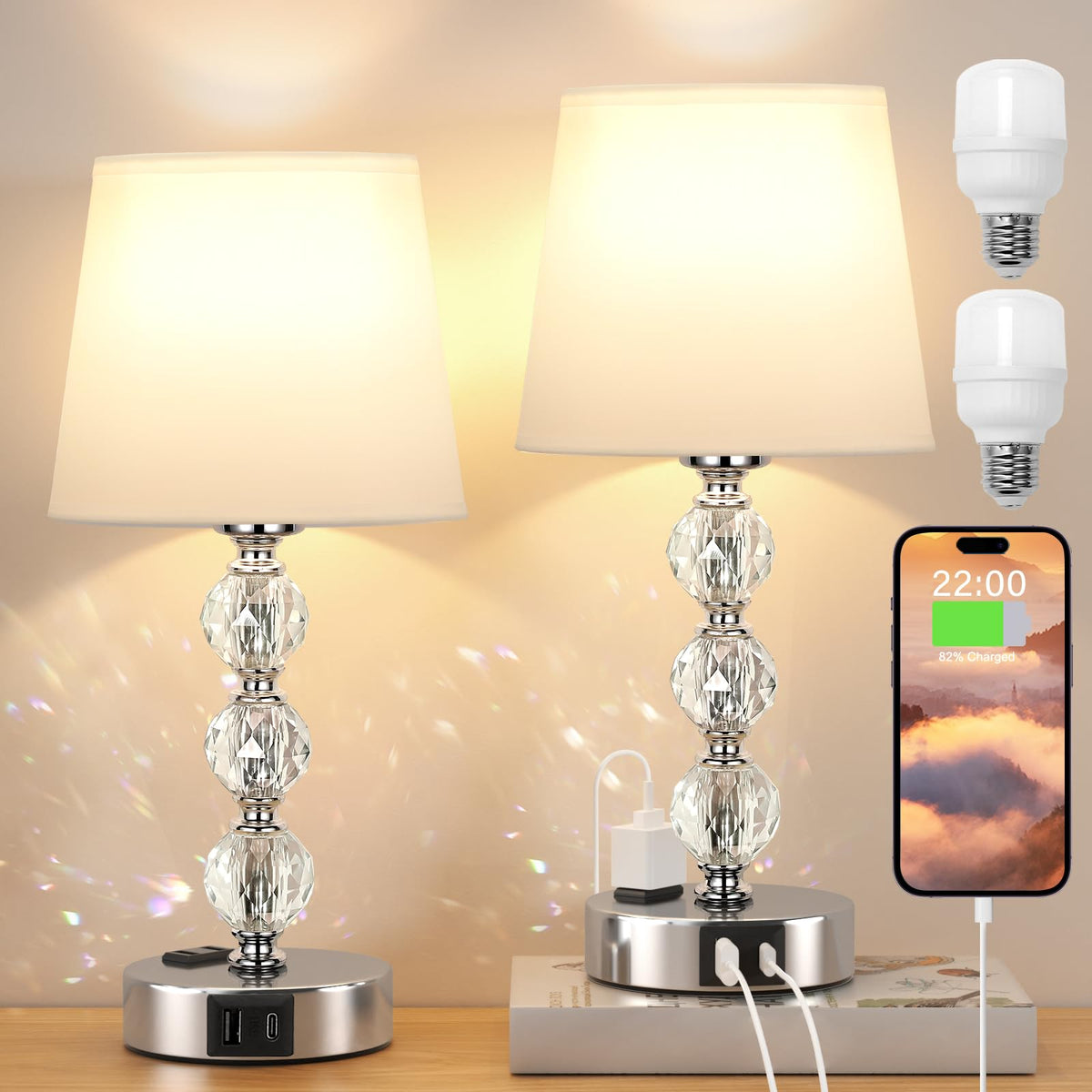 Acaxin crystal table lamp set brightens bedrooms and living rooms with an elegant two-lamp setup.