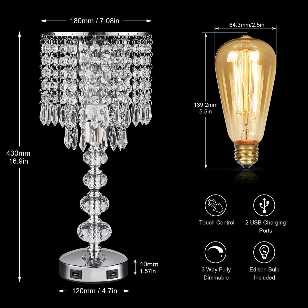 Acaxin touch-control lamp offers easy brightness adjustment in silver.