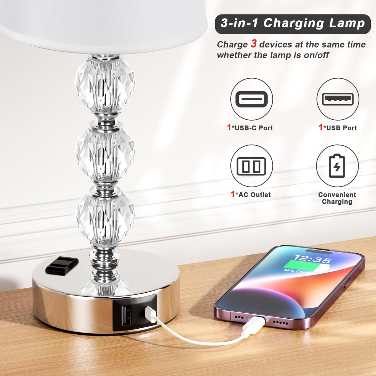 Acaxin lamps offer USB-C, USB-A, and 2-pin outlet charging for devices.