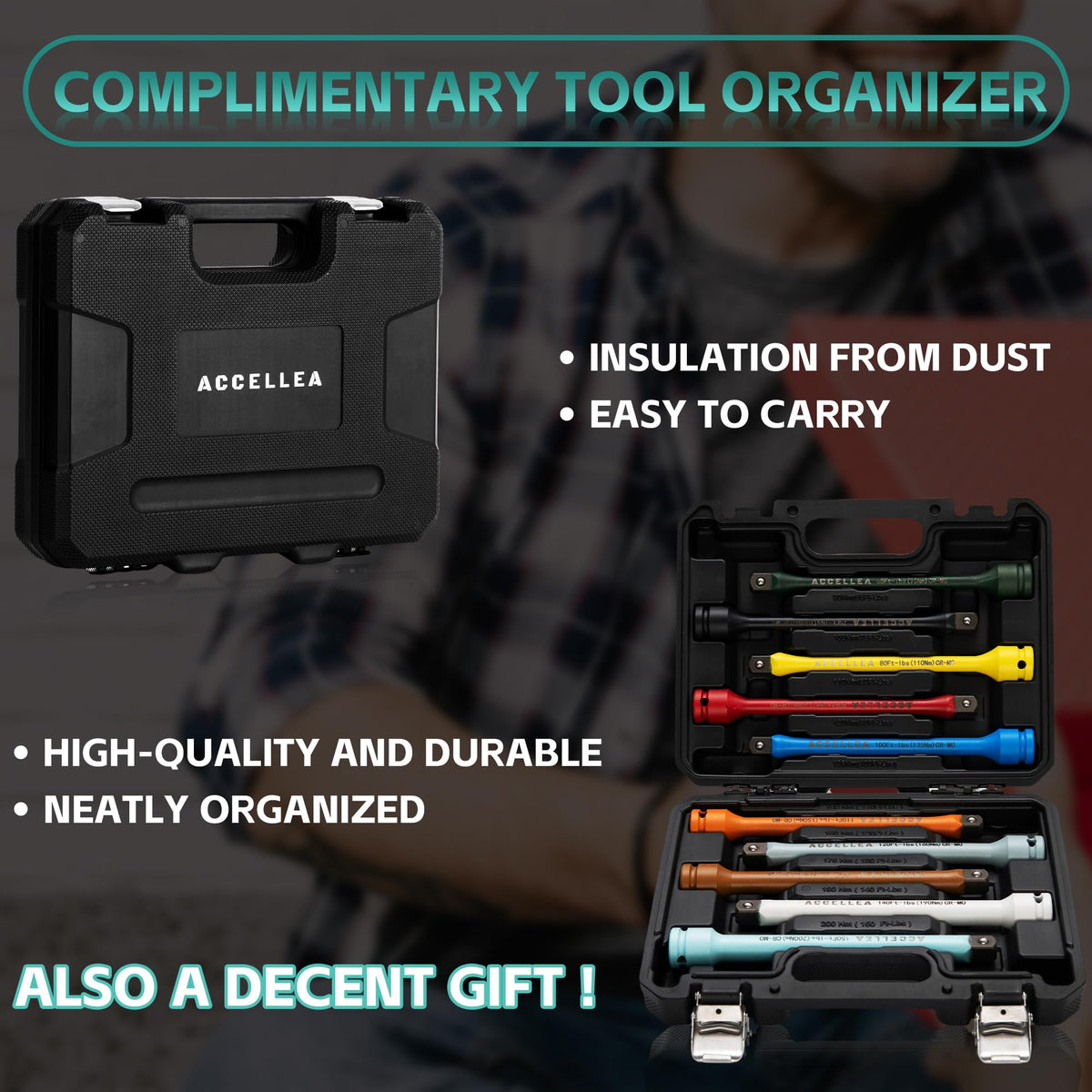 Accellea extension bars compatible with drills and impact wrenches on 1/2-inch drive.