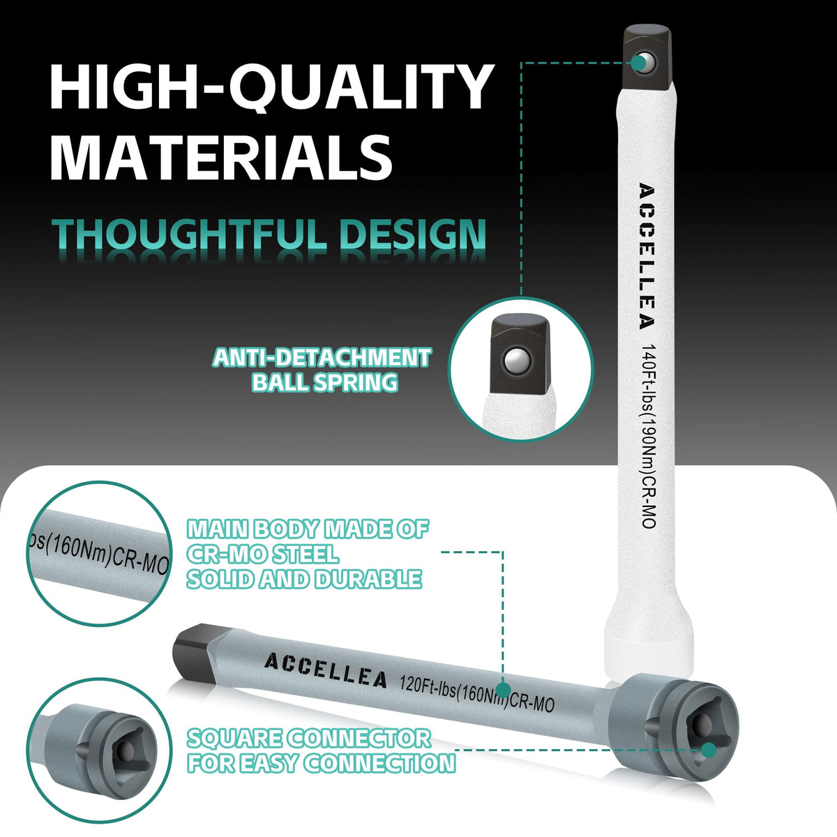 Accellea safety locking ball extension keeps sockets secured during use.