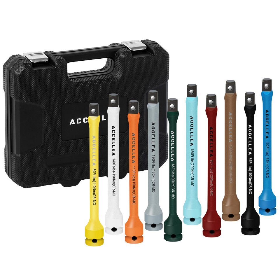 Accellea torque extension bars set with 8-inch reach for precise torque control.