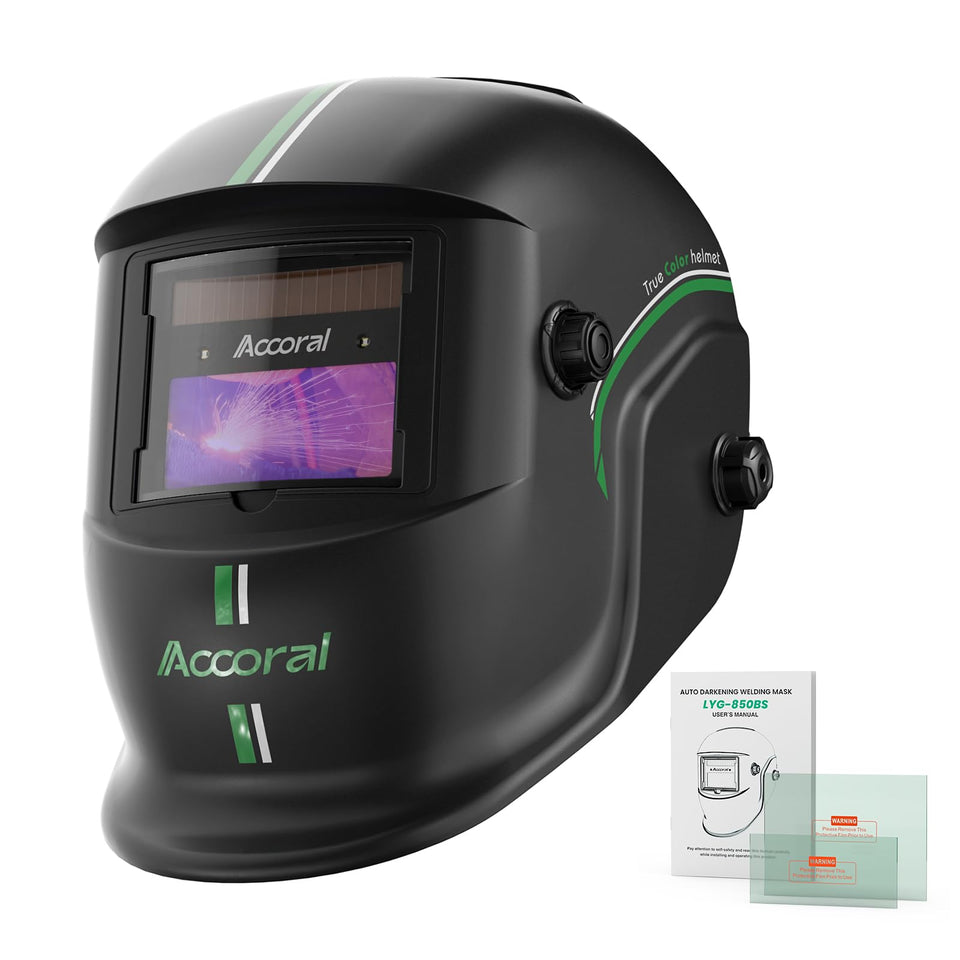 Accoral helmet with large viewing screen for precise welds.