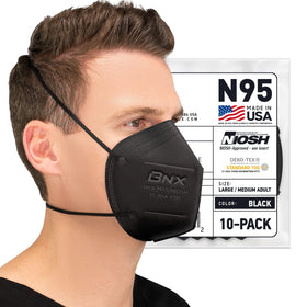 AccuMed BNX N95 mask black 10-pack box for bulk purchase and storage.
