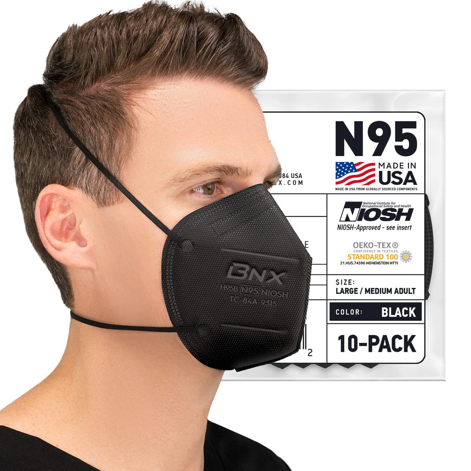 AccuMed BNX N95 mask black 10-pack box for bulk purchase and storage.
