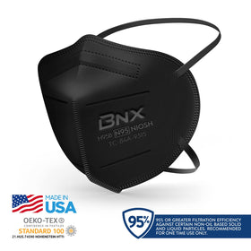 AccuMed BNX N95 mask black flat-fold storage for easy packing.