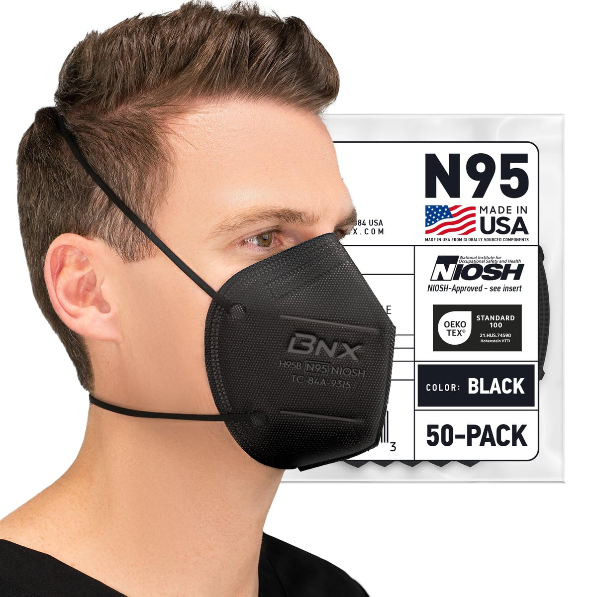 AccuMed BNX N95 mask black front view with secure headband for breathable protection.
