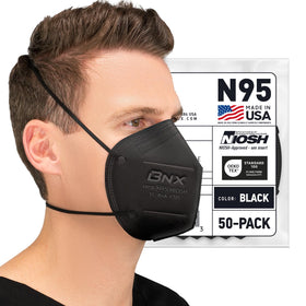 AccuMed BNX N95 mask black front view with secure headband for breathable protection.