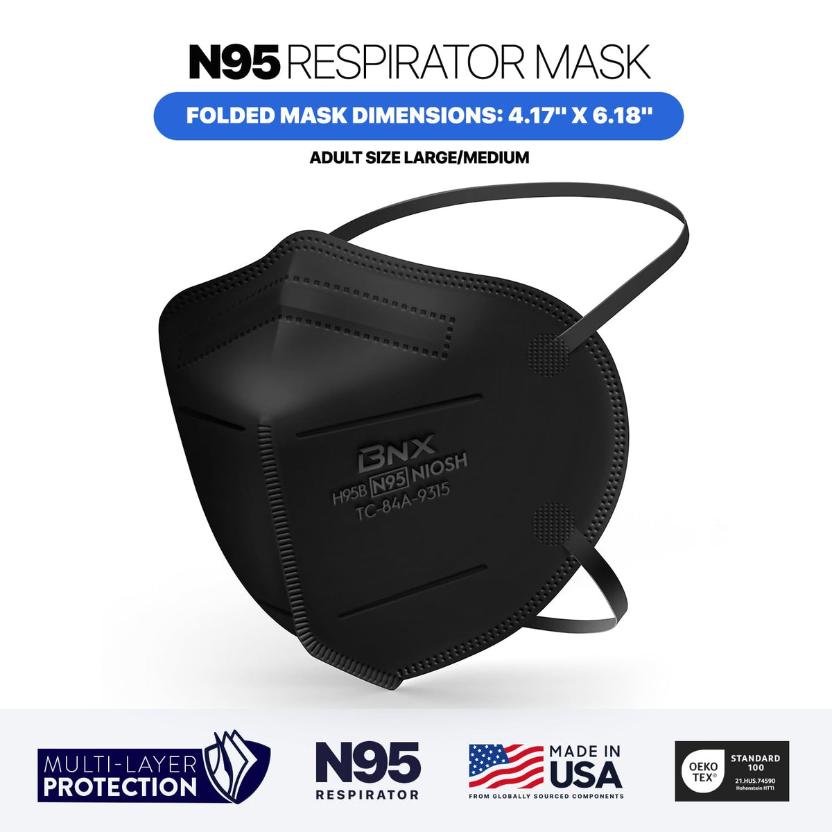 AccuMed BNX N95 mask black over-head straps provide a secure fit.